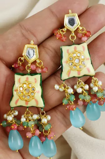 Kundan Meena Multi Stone Beaded Jhumka Earrings