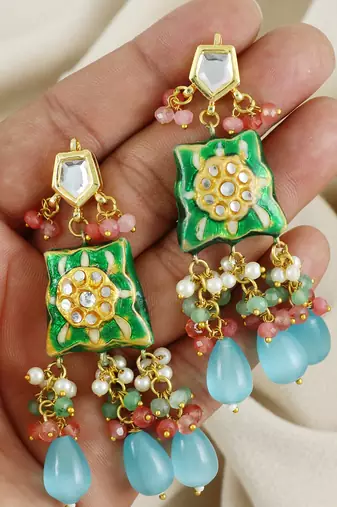 Green-Pink Quartz Beaded Kundan Meena Dangle Earrings