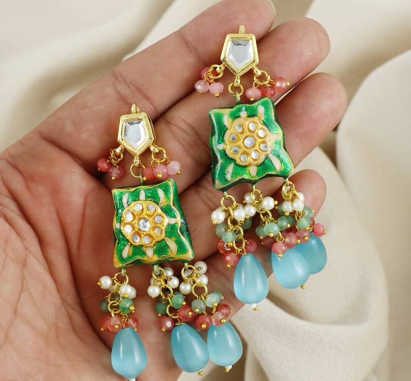 Green-Pink Quartz Beaded Kundan Meena Dangle Earrings