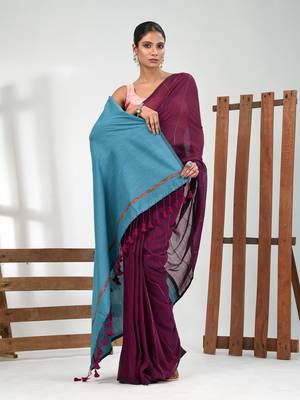 Purple cotton soft saree with stripe pattern 1