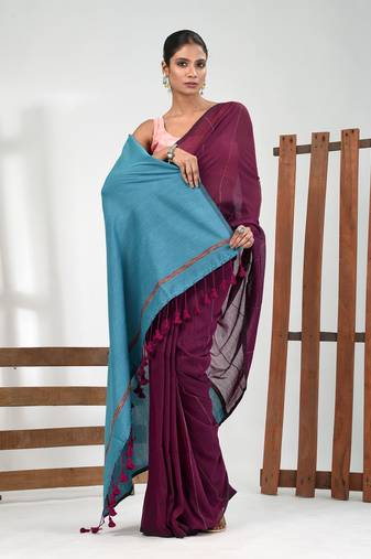 Purple cotton soft saree with stripe pattern