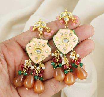 Kundan Meena Rose Quartz Traditional Earrings For Women 3