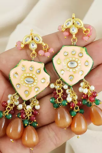 Kundan Meena Rose Quartz Traditional Earrings For Women