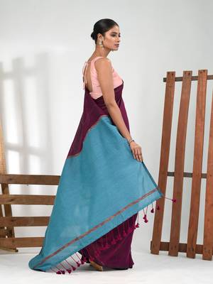 Purple cotton soft saree with stripe pattern 2