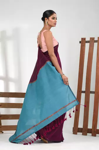 Purple cotton soft saree with stripe pattern