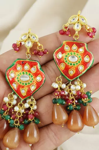 Red Enameled Ruby Green Onyx Polki Handmade Earrings For Her
