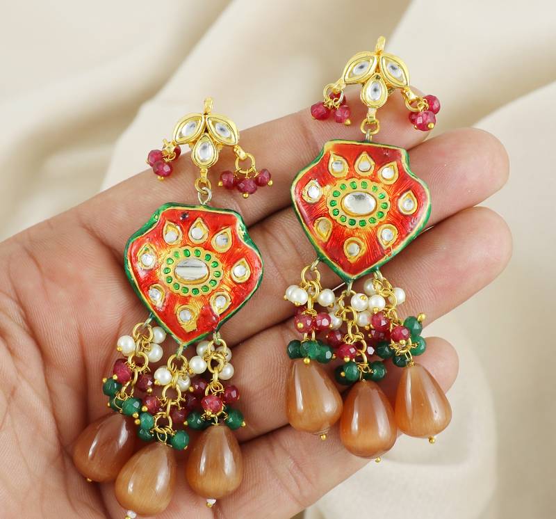 Red Enameled Ruby Green Onyx Polki Handmade Earrings For Her