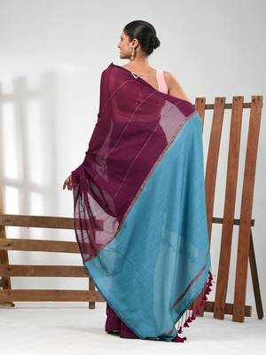 Purple cotton soft saree with stripe pattern 3