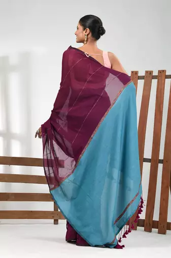 Purple cotton soft saree with stripe pattern