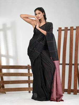 Black cotton soft saree with stripe pattern 1