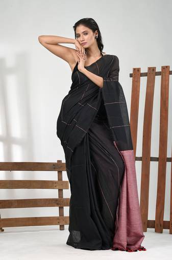 Black cotton soft saree with stripe pattern
