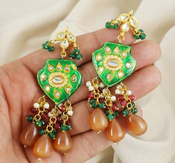 Green Meenakari Ruby Green Onyx Polki Earrings Traditional Jewelry 3