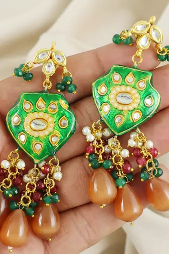 Green Meenakari Ruby Green Onyx Polki Earrings Traditional Jewelry