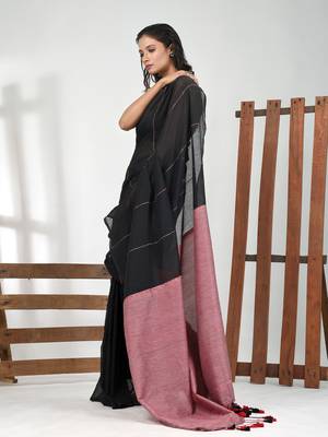 Black cotton soft saree with stripe pattern 2