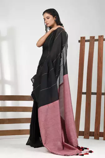 Black cotton soft saree with stripe pattern
