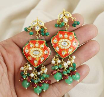 Red Meena Green Onyx Ruby Polki Traditional Earrings For Her 3