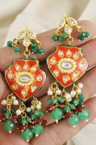 Red Meena Green Onyx Ruby Polki Traditional Earrings For Her
