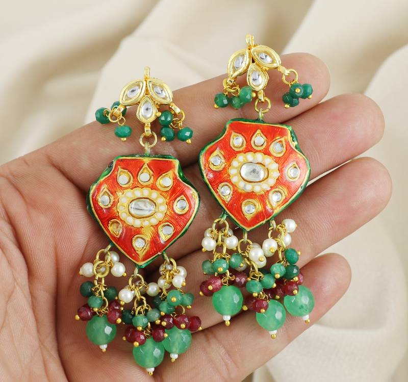 Red Meena Green Onyx Ruby Polki Traditional Earrings For Her