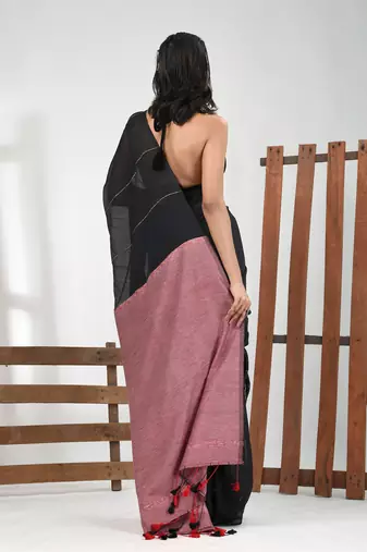Black cotton soft saree with stripe pattern