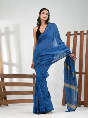 Sapphire blue cotton soft saree with stripe pattern 1