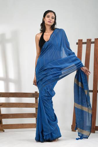 Sapphire blue cotton soft saree with stripe pattern