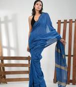 Sapphire blue cotton soft saree with stripe pattern