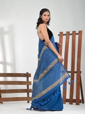 Sapphire blue cotton soft saree with stripe pattern 2