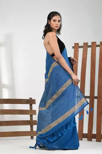 Sapphire blue cotton soft saree with stripe pattern