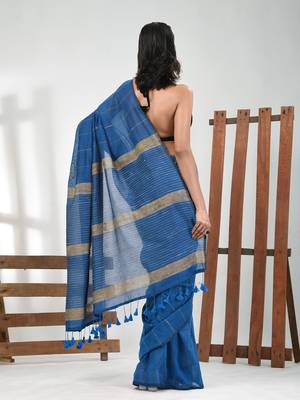 Sapphire blue cotton soft saree with stripe pattern 3