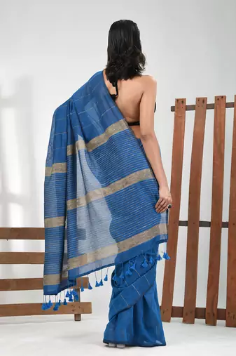 Sapphire blue cotton soft saree with stripe pattern