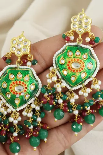 Green Meenakari Emerald Ruby Pearl Polki Earrings For Her