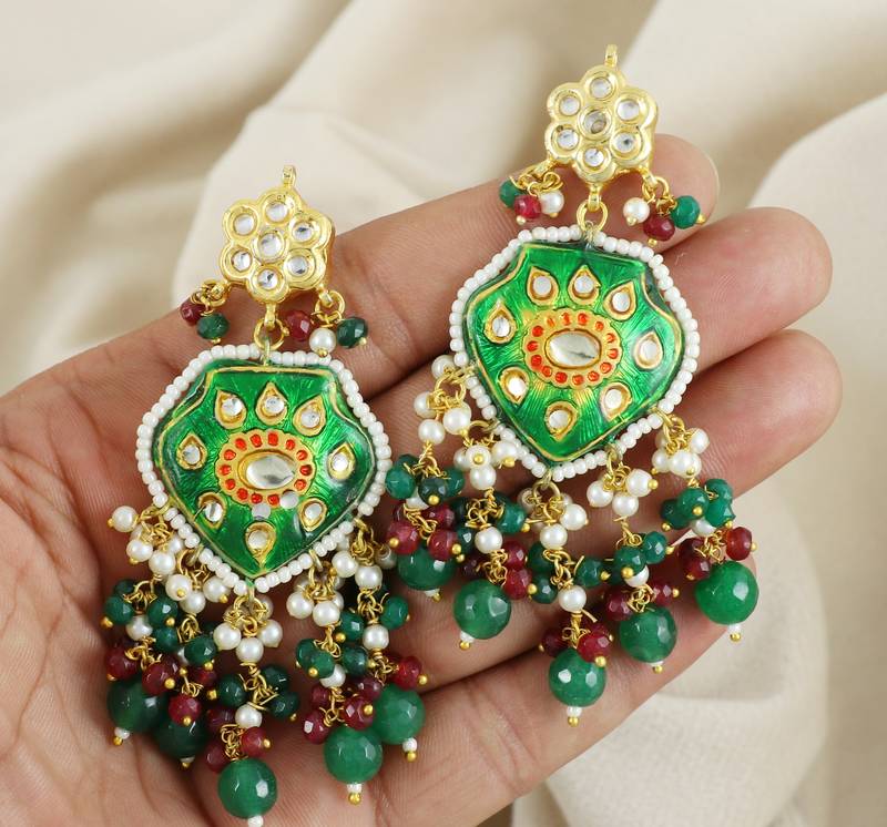 Green Meenakari Emerald Ruby Pearl Polki Earrings For Her