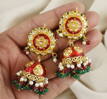 Red Enameled Ruby Green Onyx Pearl Jhumka Earrings Wedding Jewelry 3