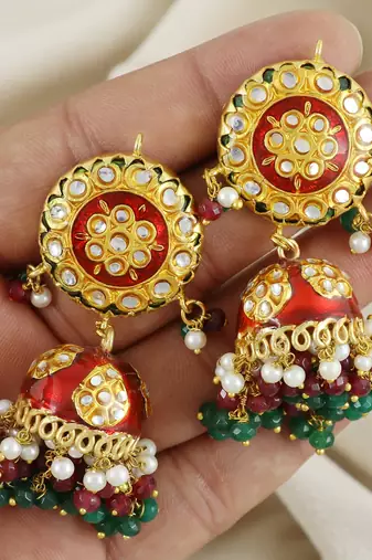 Red Enameled Ruby Green Onyx Pearl Jhumka Earrings Wedding Jewelry