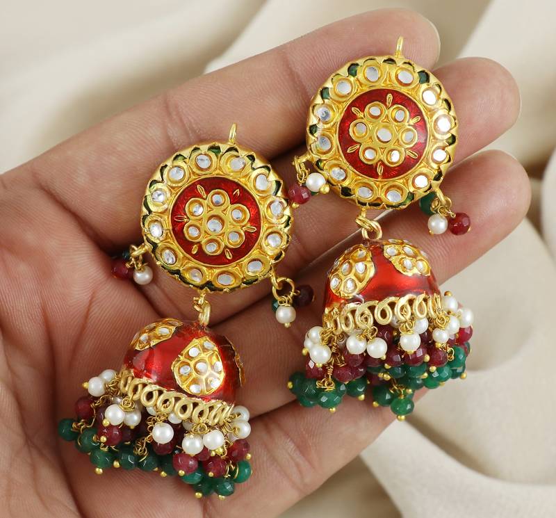 Red Enameled Ruby Green Onyx Pearl Jhumka Earrings Wedding Jewelry