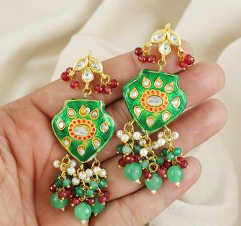 Green Enameled Green Onyx Ruby Polki Earrings Traditional Jewelry 3