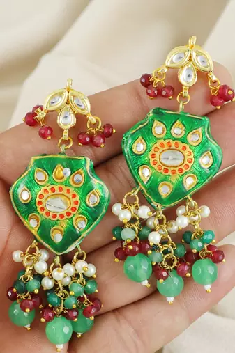 Green Enameled Green Onyx Ruby Polki Earrings Traditional Jewelry