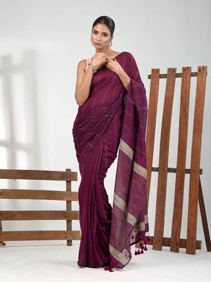 Purple cotton soft saree with stripe pattern 1