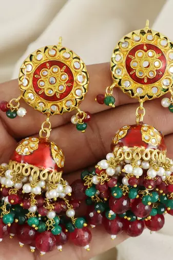 Red Meena Ruby Green Onyx Jhumka Earrings Traditional Jewelry