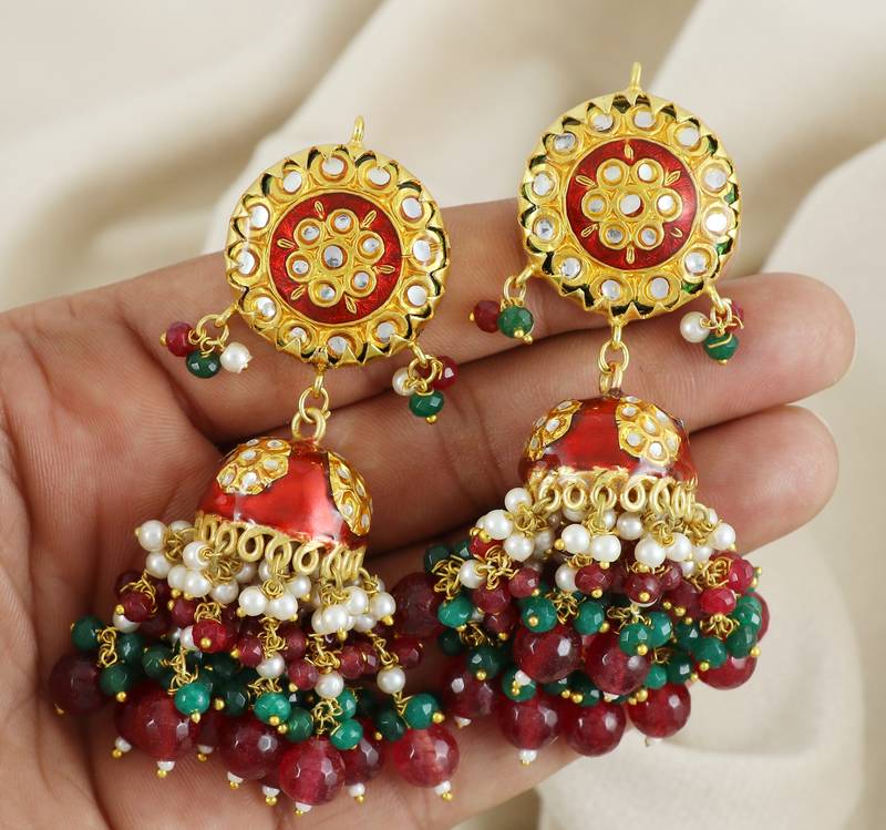 Red Meena Ruby Green Onyx Jhumka Earrings Traditional Jewelry