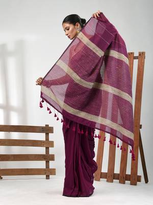 Purple cotton soft saree with stripe pattern 2