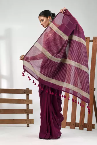 Purple cotton soft saree with stripe pattern