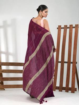 Purple cotton soft saree with stripe pattern 3