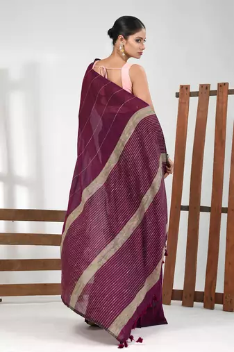 Purple cotton soft saree with stripe pattern