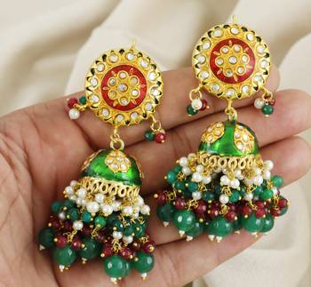 Green Meena Green Onyx Ruby Jhumka Earrings Wedding Jewelry 3