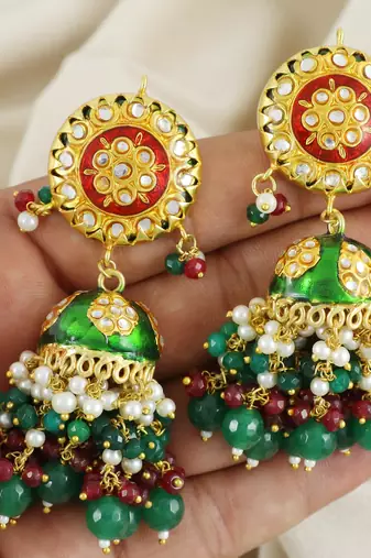 Green Meena Green Onyx Ruby Jhumka Earrings Wedding Jewelry