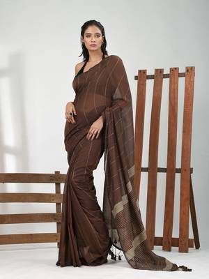 Brown cotton soft saree with stripe pattern 1