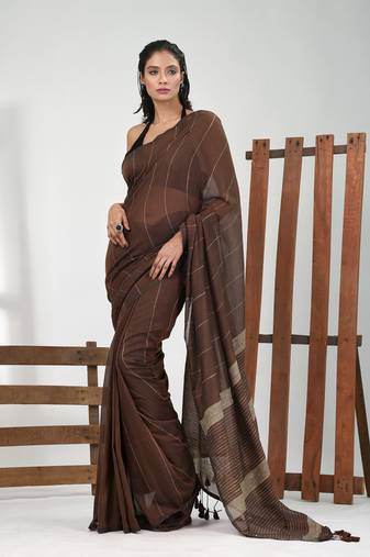 Brown cotton soft saree with stripe pattern