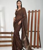Brown cotton soft saree with stripe pattern