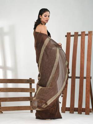 Brown cotton soft saree with stripe pattern 2